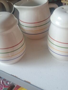 White Ceramic Salt & Pepper Shakers and Creamer Set with Rainbow Stripes